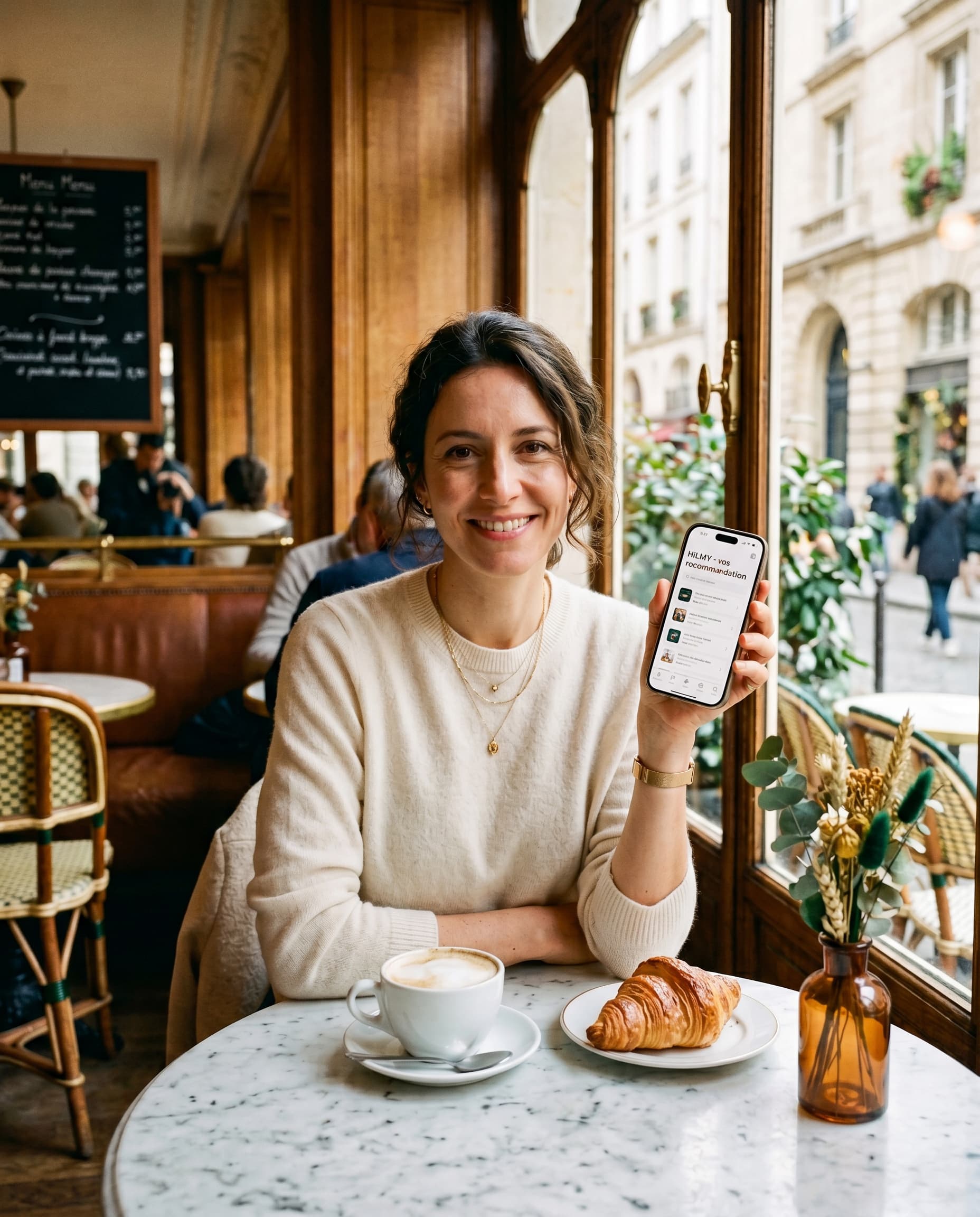 Une femme à la terrasse d'un café parisien, téléphone avec HILMY à la main